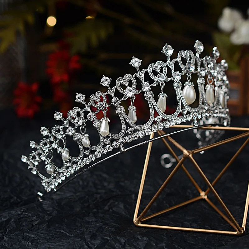 Baroque Crystal Pearl Bridal Tiaras Diana Crown Rhinestone Pageant Diadem Bride Headband Wedding Hair Accessories Tiara De Noiva