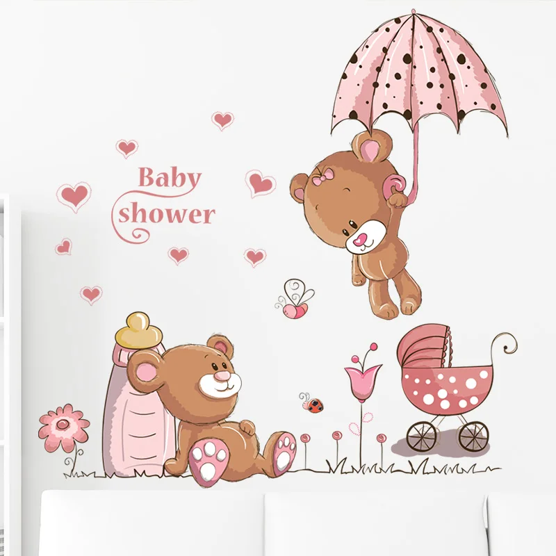 cartoon cute bear baby wall stickers umbrella nursing bottle Girls room baby bedroom warobe Decoration Mural Art animal decal