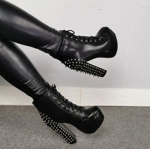 Dipsloot Punk Black Leather Spikes Lace Up Platform Ankle Boots Round Toe Chunky Heels Party Club High Heels Short Boots Shoes