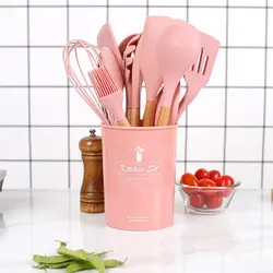 11pcs Pink Silicone Kitchen Cooking Tools Spatula Shovel Soup Spoon with Wooden Handle Special Heat-resistant Design Utensil