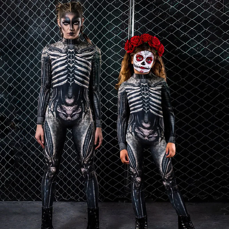 Women Cosplay Human Skeleton Bodysuit Halloween Devil Ghost Specter Jumpsuit Carnival Party Performance Scary Costume C38X34