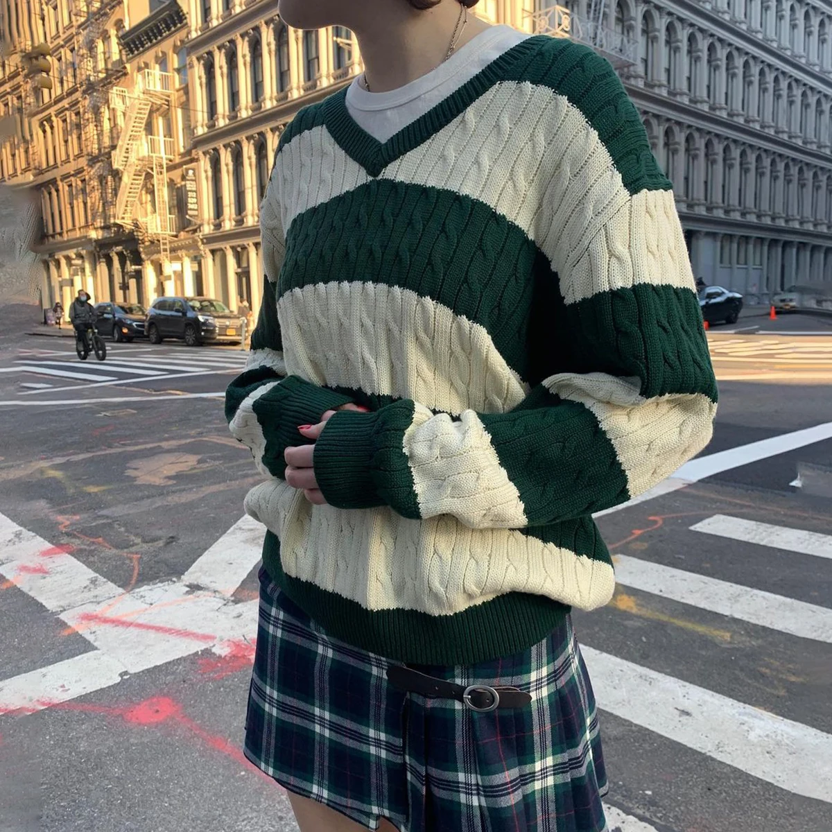 Vintage Green Striped Knitted Sweater Women Autumn Winter V Neck Long Sleeve Oversize Pullovers Simple Casual Cotton Top Chic