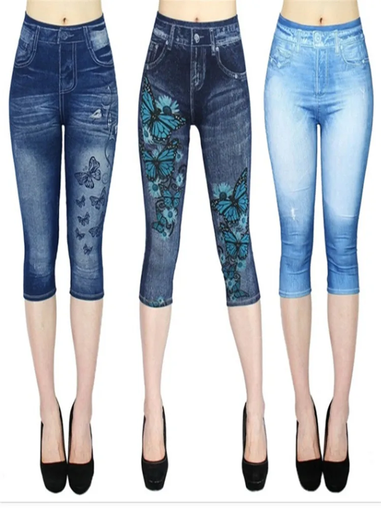 YRRETY Frauen Hohe Taille Jeans Leggings Drucken Mid-Kalb Hosen Dünne Nachahmung Stretch Kurze Sommer Atmungs Neue Tropfen Verschiffen