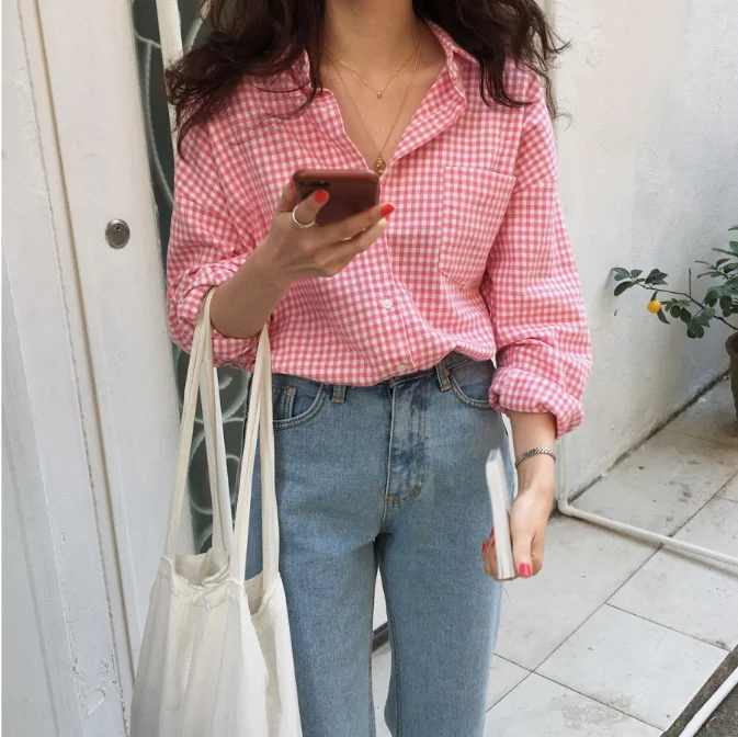 Novidade 2020 blusa feminina primavera verão camisa xadrez moderna casual folgada selvagem doce rosa tops