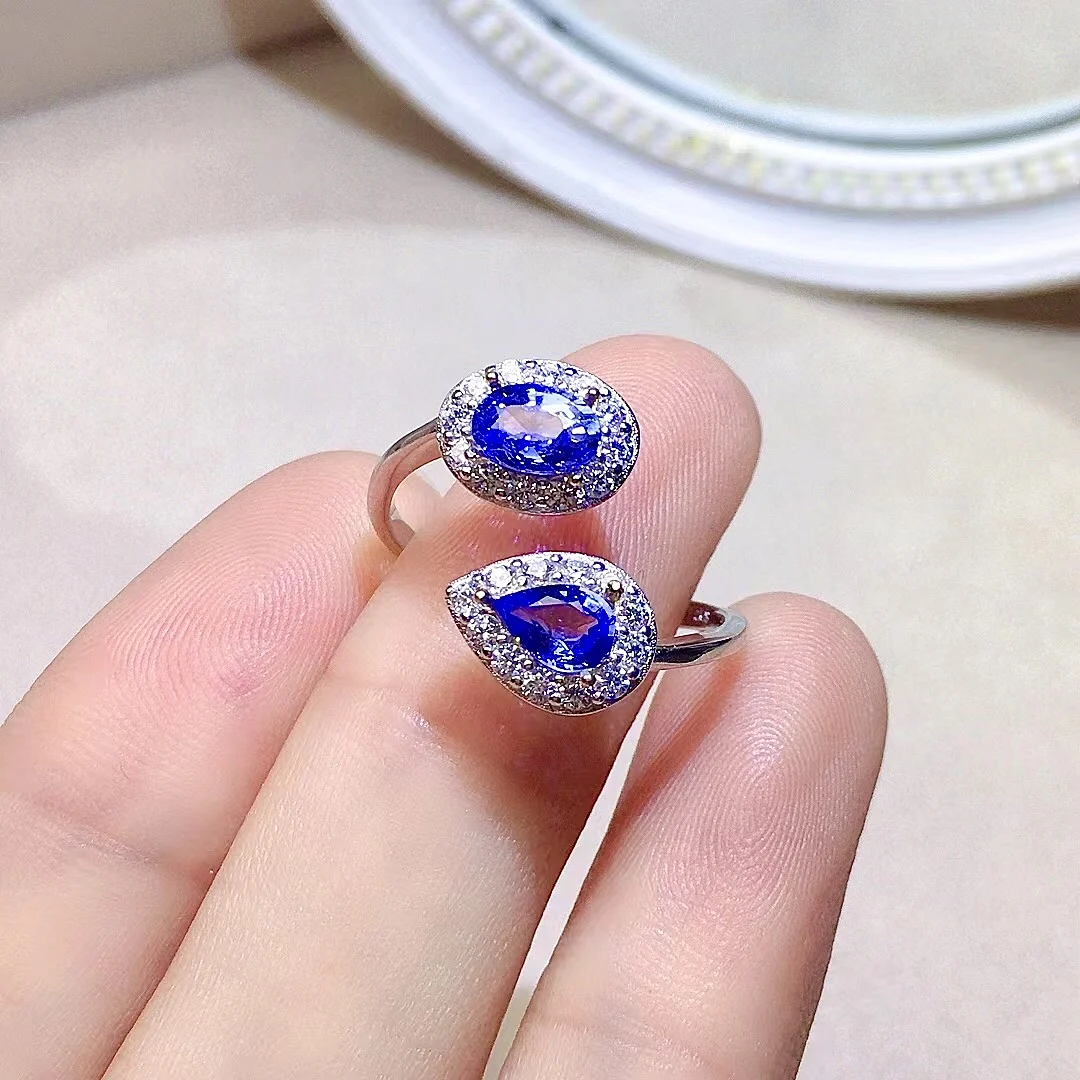 Design Style Tanzanite Silver Ring for Daily Wear 4mm*6mm VVS Grade Natural Tanzanite Ring 925 Silver Size Adjustable Ring