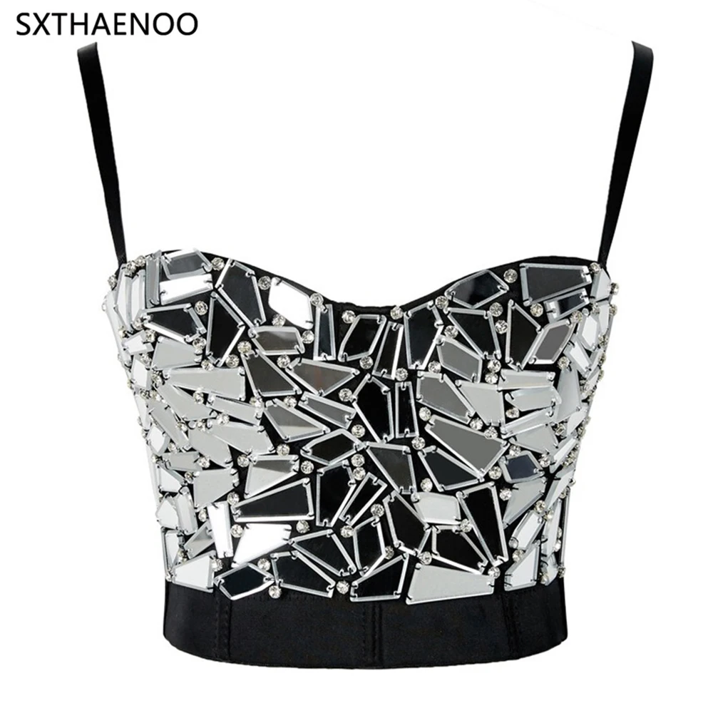 

SXTHAENOO Women's Silver Sequin Cropped Top Rhinestone Beading Sexy Corset Top Plus Size Carnival Party Camisole