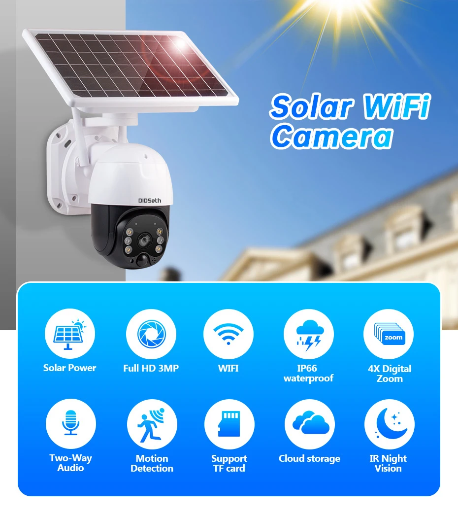 DIDSeth 3MP Wireless WiFi IP Camera 8W Solar Panel Battery Camera Outdoor Waterproof Home Security Dome CCTV Video Surveillance