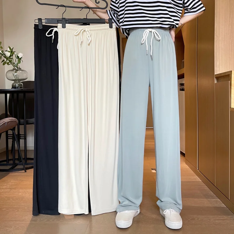 2021 pantaloni estivi a vita alta elastici a vita alta da donna pantaloni lunghi con coulisse in vita pantaloni larghi lunghezza del pavimento