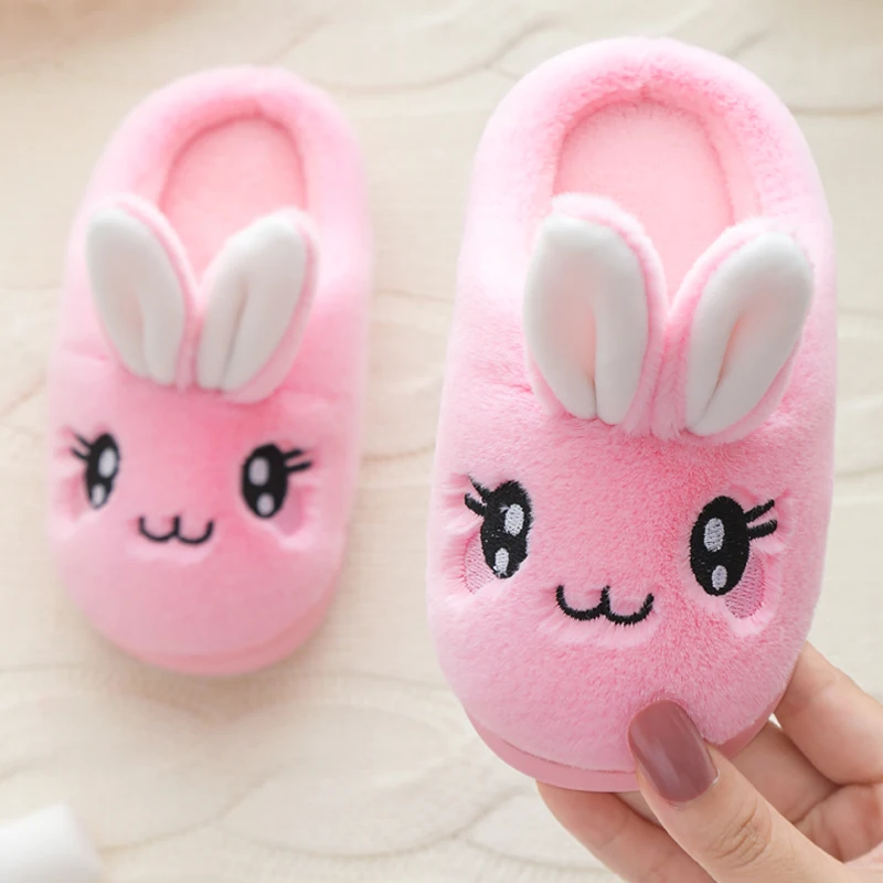 Baby Girls Cotton Slippers 2024 New Winter Children\'s Cute Rabbit Plush Slippers Boys Home Indoor Shoes Furry Kids Slippers