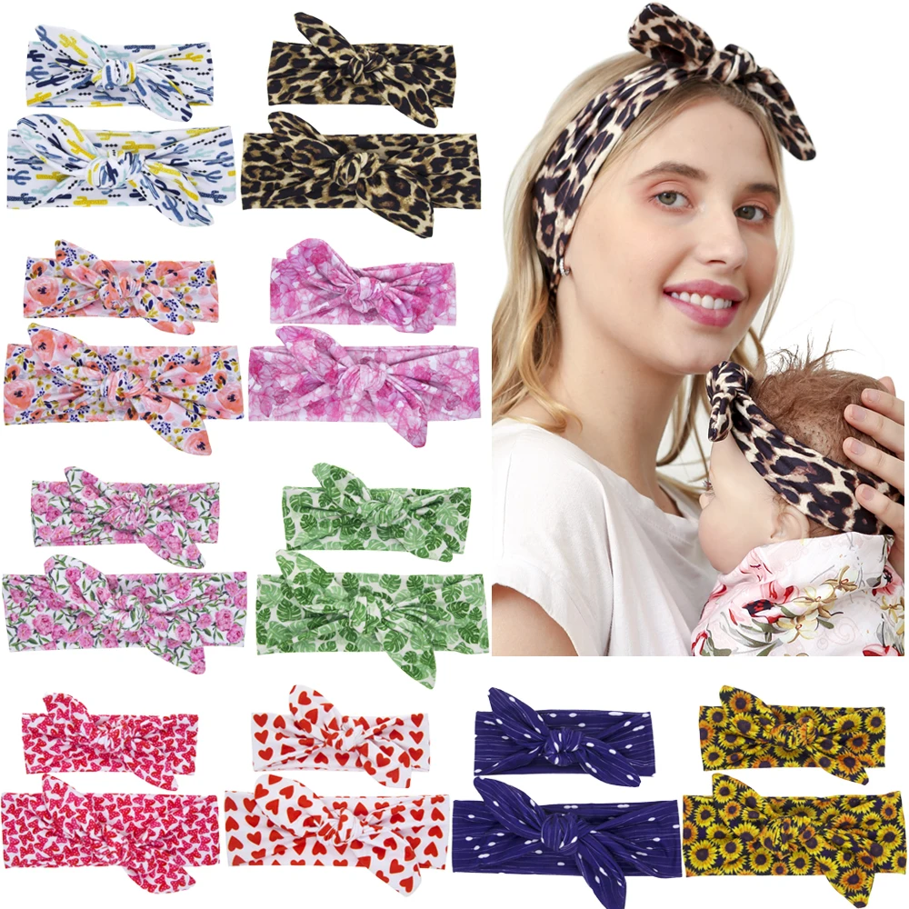 2 Buah/Set Bando Ibu & Bayi Turban Bayi Ibu Bando Telinga Kelinci Putri Ibu Bando Bunga Leopard Aksesori Rambut Orang Tua-anak