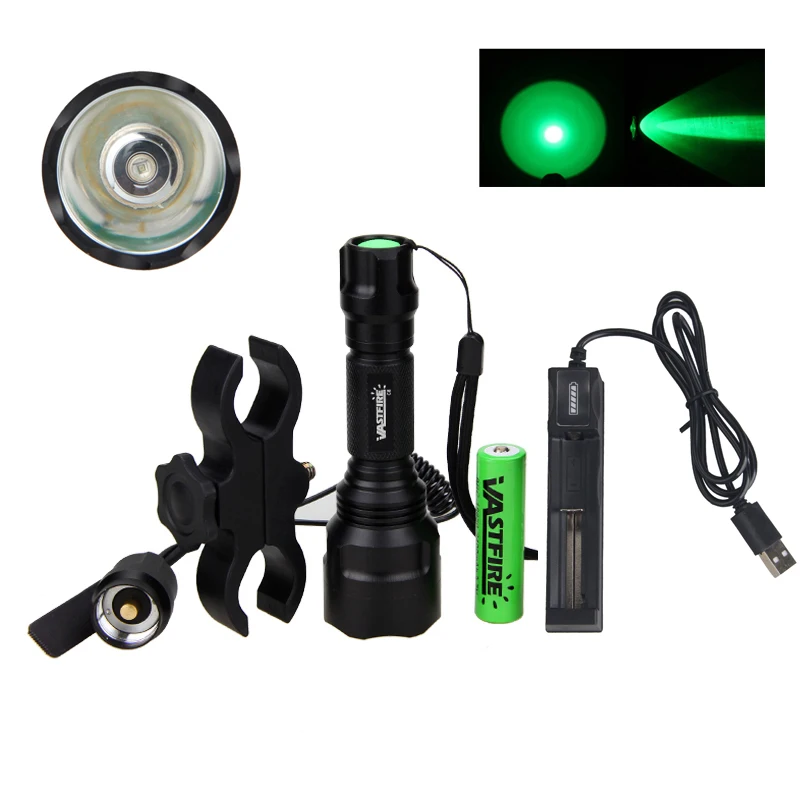 5000Lumen Led Flashlight White/Green/Red Tactical Hunting Rifle Lantern Outdoor Portable Torch+18650+Charger+Switch+Rfile Mount