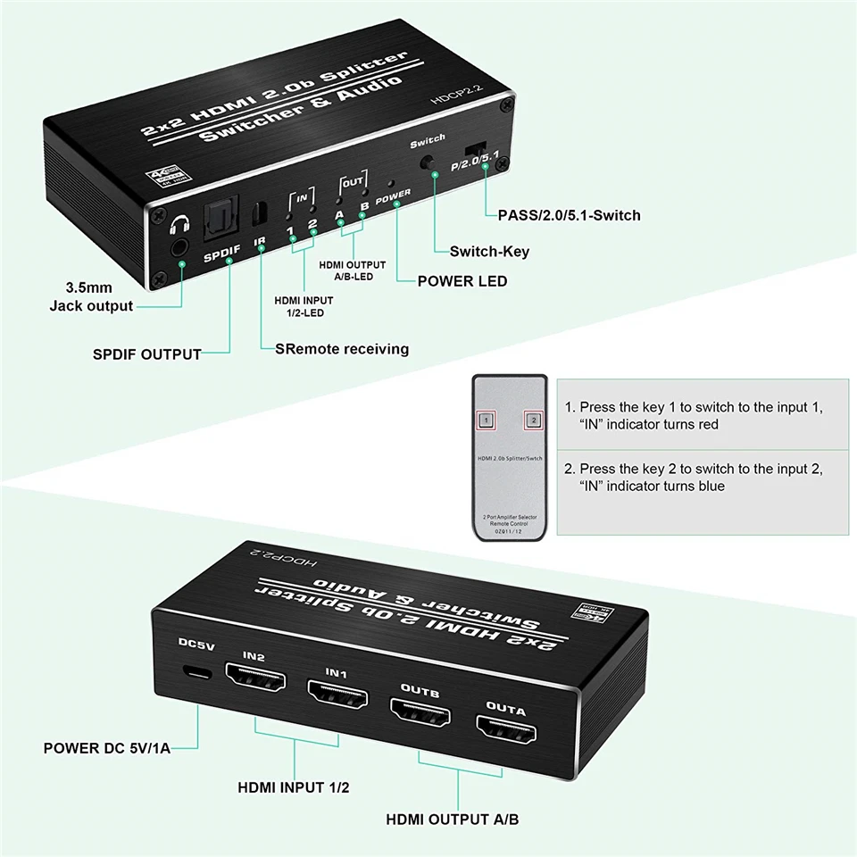 2020 4K HDMI 2.0 Công Tắc 2 Trong 2 4K @ 60Hz, 2X2 HDMI Switcher Bộ Chia Với Quang Học Toslink SPDIF & 3.5Mm Jack Âm Thanh Máy Hút