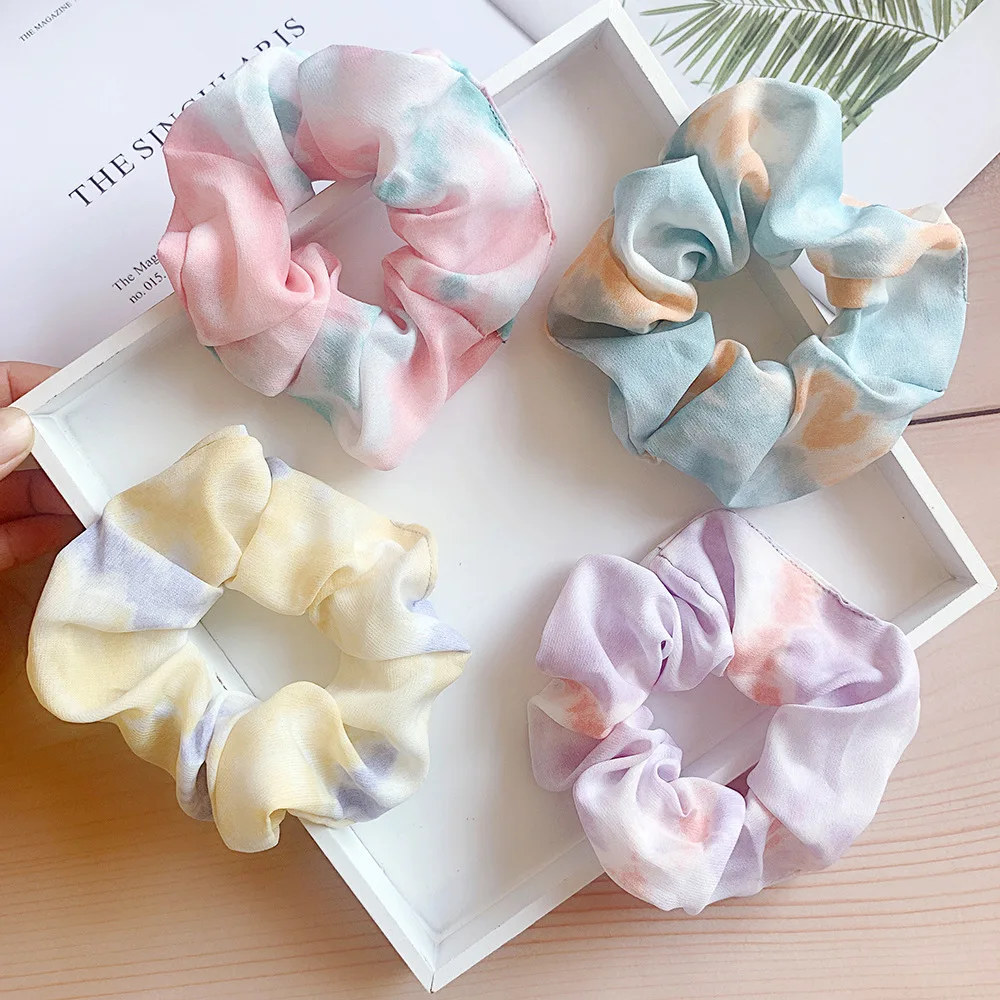 4Pcs/pack Fashion Flower Leopard Plaid Tie-dye Print Chiffon Satin Elastic Hair Tie Head Band Retro Hair Scrunchies Hair Ropes