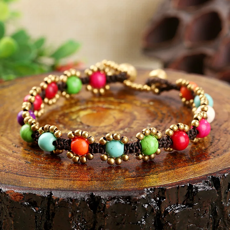 Bohemian Ethnic Style Retro Turquoise Women\'s Bracelet Wax Rope Hand-woven DIY Beach Style Creative Couple Female Bangle Jewelry