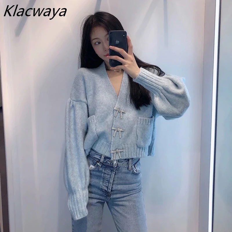 Klacwaya Women's Clothing New Fashion Faux Gemstone Bow Button Sweater V-Neck Lantern Puff Sleeve Knit Cardigan Jacket