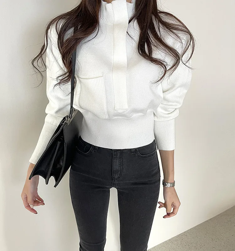 Stand Collar Zip-up Knitted Sweater Jumpers Women Full Sleeve Pocket Stylish Pullover Tops Solid Fashion Ladies Jumpers 2022