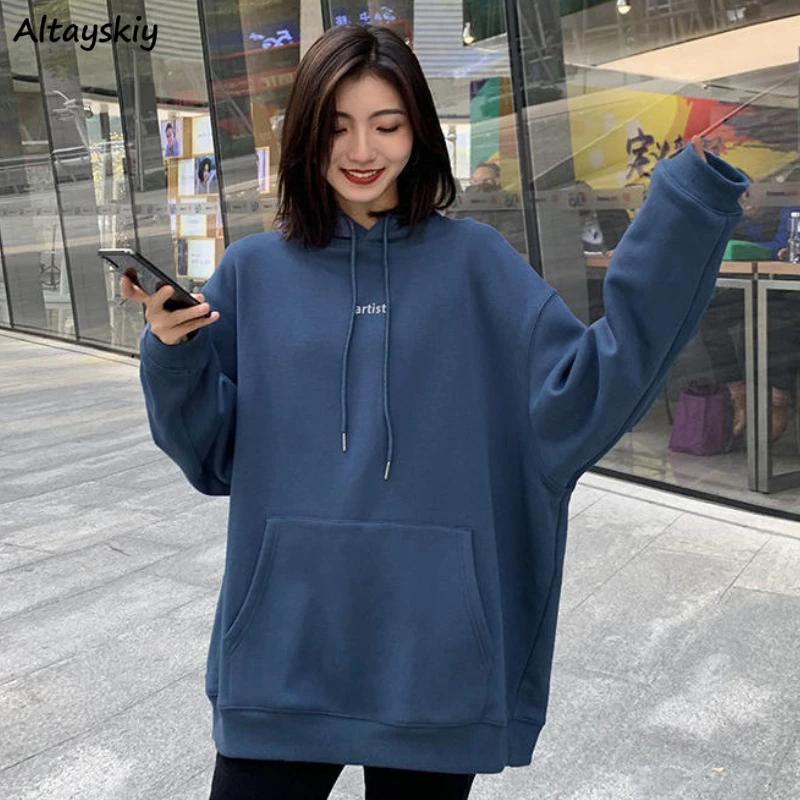 

With Hat Hoodies Women Aesthetic Thick Spring Autumn Loose Korean Style Fashion Letter Printing Preppy Student Couples Unisex