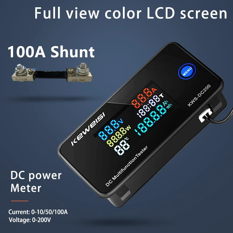 KWS-DC200 Digital Voltmeter 00-200V Voltage Seven Functions Power Energy Meter LED Color Display Wattmeter 0-10/50/100A