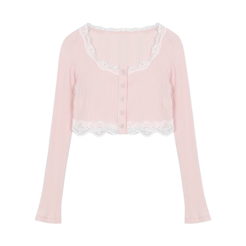 

Cute Lace Knitted Cardigan Women Ribbed Sweater Slim Korean Style Fashion Crop Tops Pink Vintage Long Sleeve Button-down Jumper