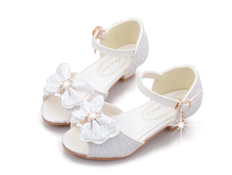 Girls Princess Shoes Shiny Children's High Heels White Show Leather Shoes New Summer Girls Bowtie Paillette Performance Sandals