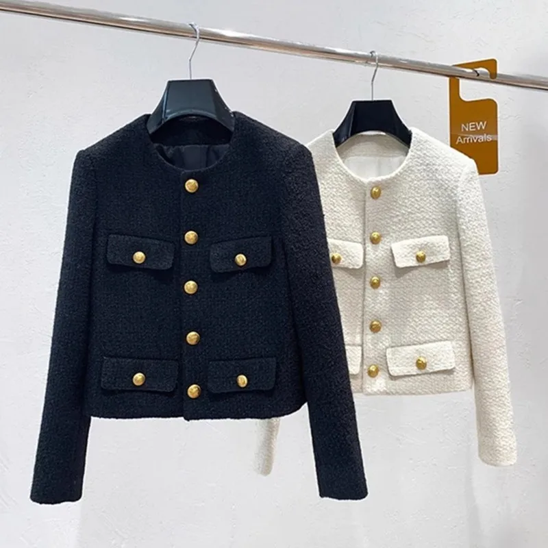 

2022 Autumn Small Fragrant Tweed Jacket Coat Women Vintage Woolen Short Coats Casual Loose Elegant Office Female Outwear Tops