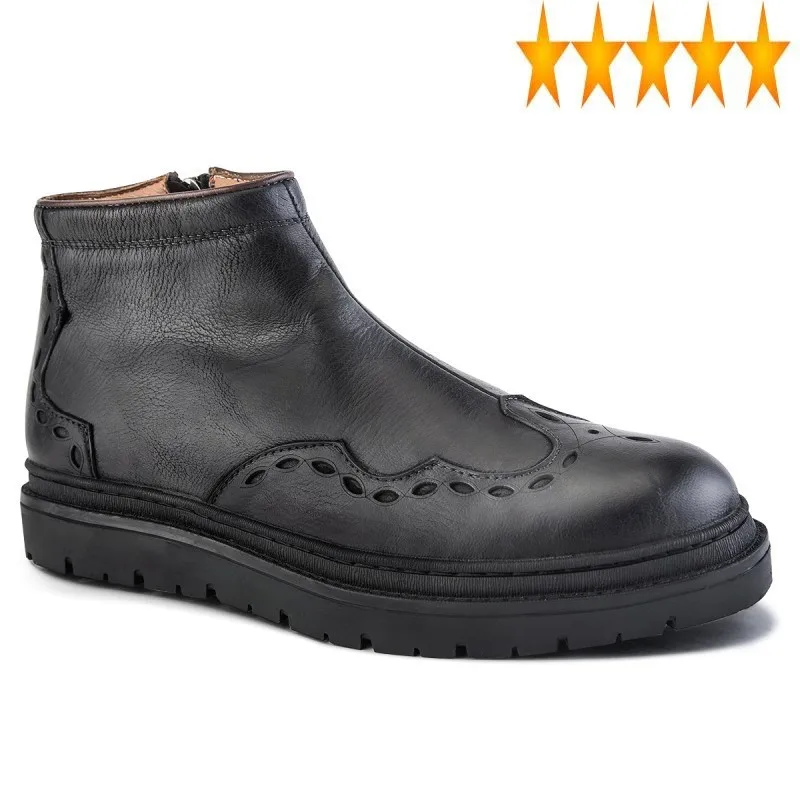 Mens England Style Chelsea Winter Genuine Leather Bullock Carved Ankle Shoes Luxury Business Casual Zip Platform Boots