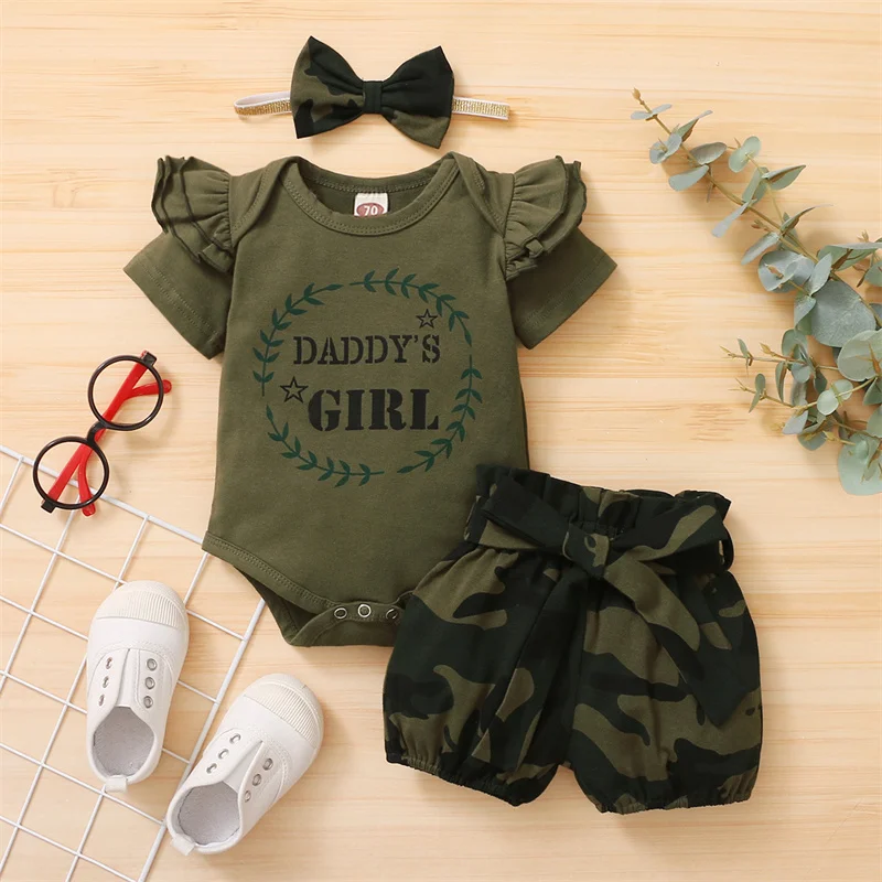 

Summer Baby Girl Clothes Ruffle Short Sleeve Letter Bodysuits Knitted Tops+Shorts Outfits Camouflage Print Baby Clothing Sets