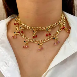 Punk Crystal Cherry Charms Cuban Chain Necklace For Women Gold Silver Color Fruit Pendant Choker Chain 2020 Fashion Jewelry Gift