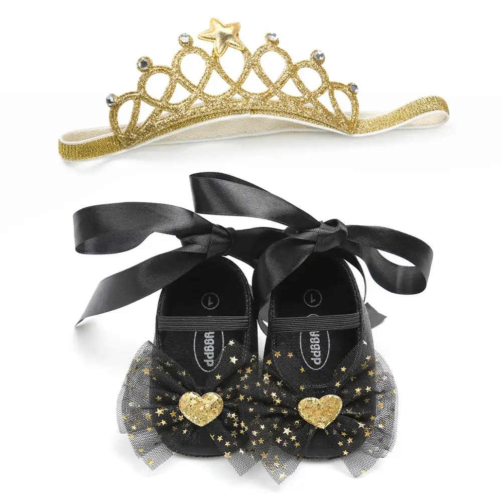 Enfant en bas âge Bébé Fille Chaussures à Semelle Souple Bébé Nouveau-Né Dentelle Arc Princesse Chaussures + Bandeau 2Pcs Ensemble Bébé Mignon Fête Premiers Marcheurs SH20016