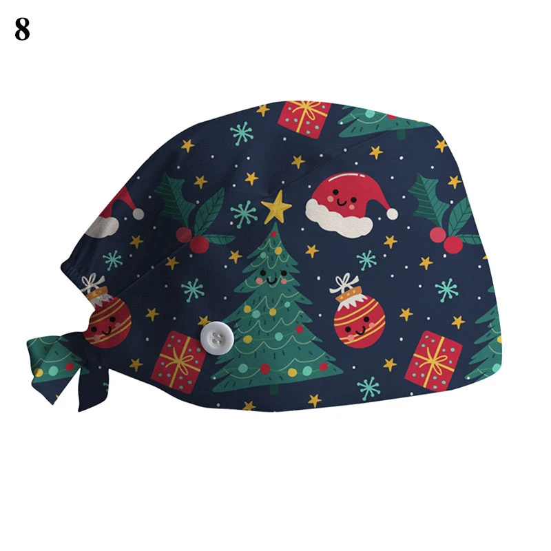 2022 Scrub Cotton Nurse Hat Floral Bouffant Sanitary Cap with Sweatband Cartoon Printing Nursing Confortable Hat Christmas Hat