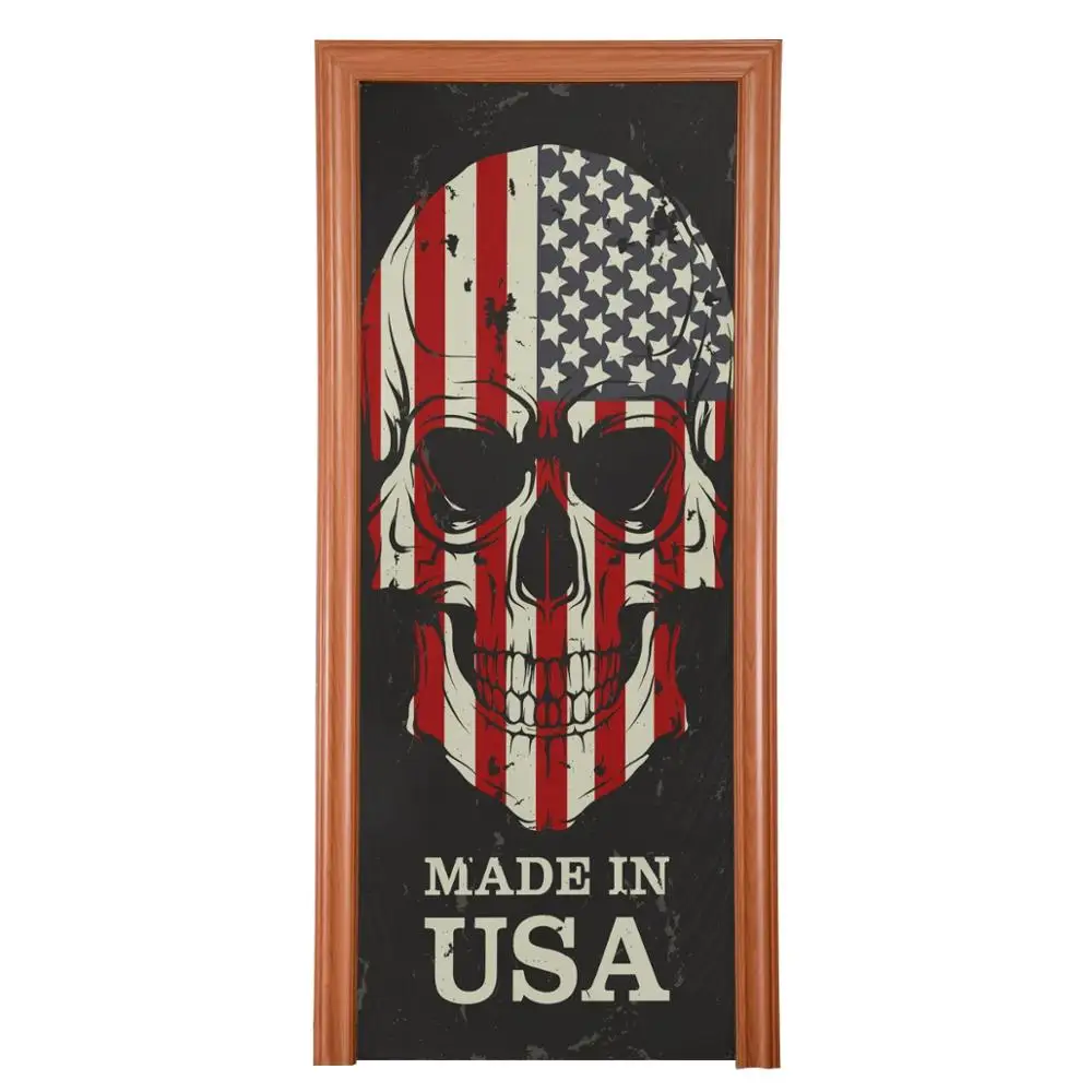 Skull With USA American Flag Door Banner Reusable Fabric Door Covers Home Decor Washable Poster for Front Door Personalized