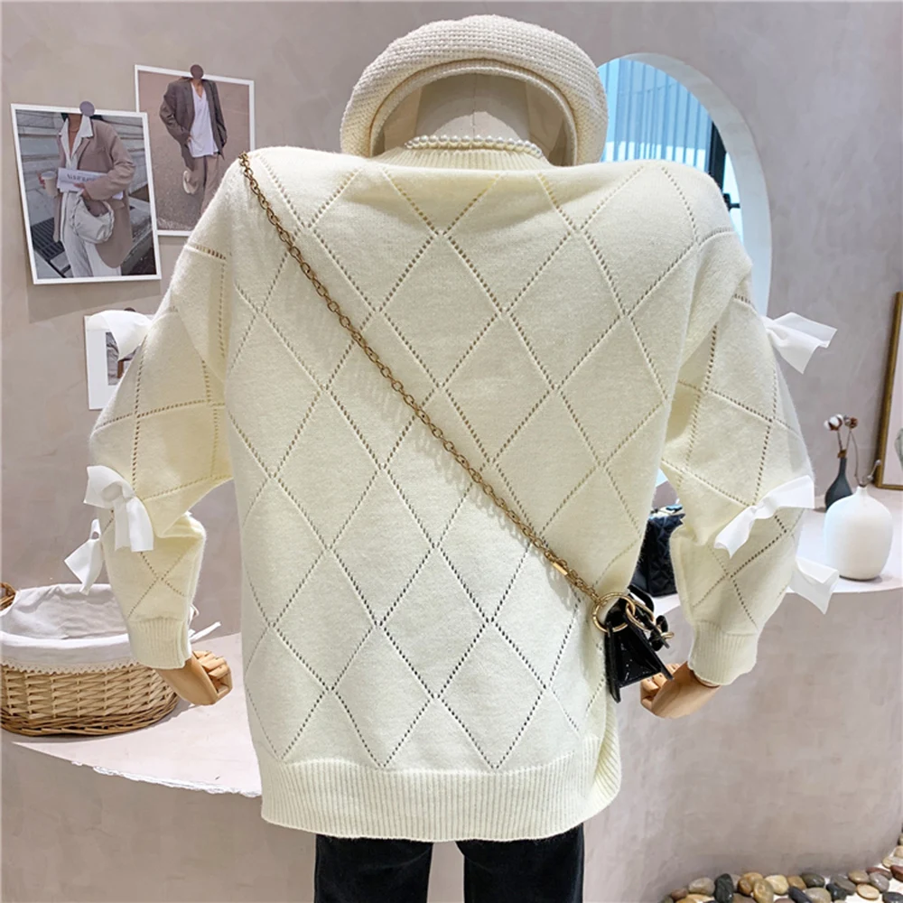 High Quality Designer Women Knitted Pullovers  Loose Winter 3D Bow Diamonds Thick Warm Knitted Sweater Femme