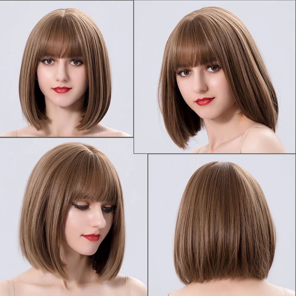 Brown Short Bob Straight Synthetic Wigs For White Women With Bangs Nutural Heat Resistant Cosplay Lolita 12 INCH Daily Hair