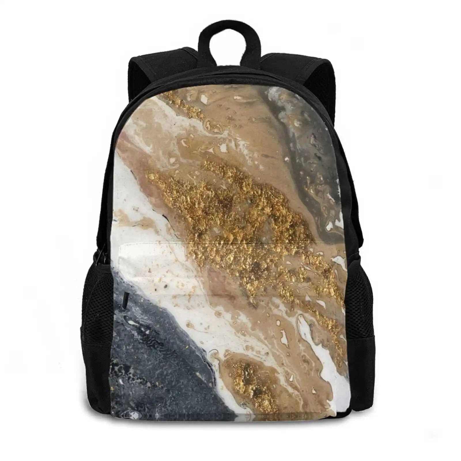 Marble School Bag Big Capacity Backpack Laptop Marble Texture Gold Leaf Pouring Black Granite Crystal