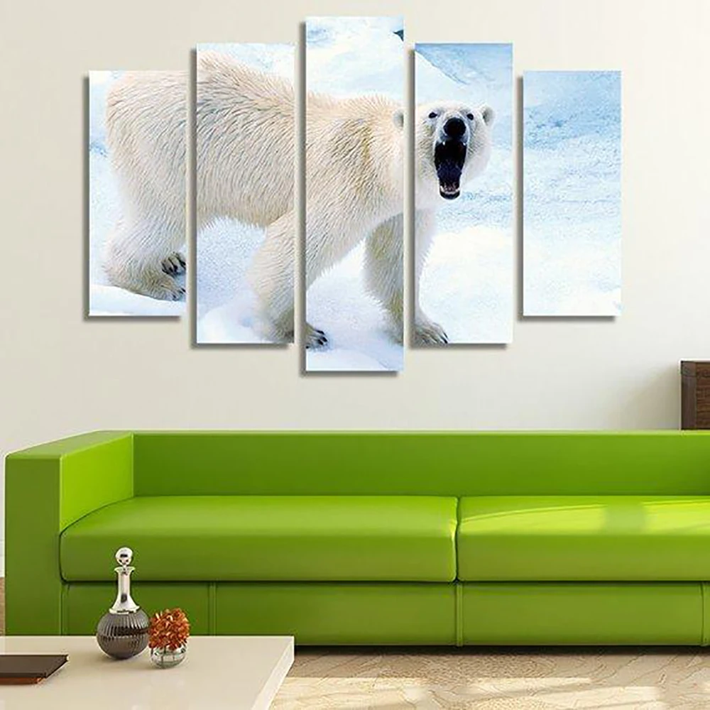 

5 Pieces Wall Art Canvas Painting Animal Poster Angry Polar Bear Roaring Modular Home For Decoration Framework