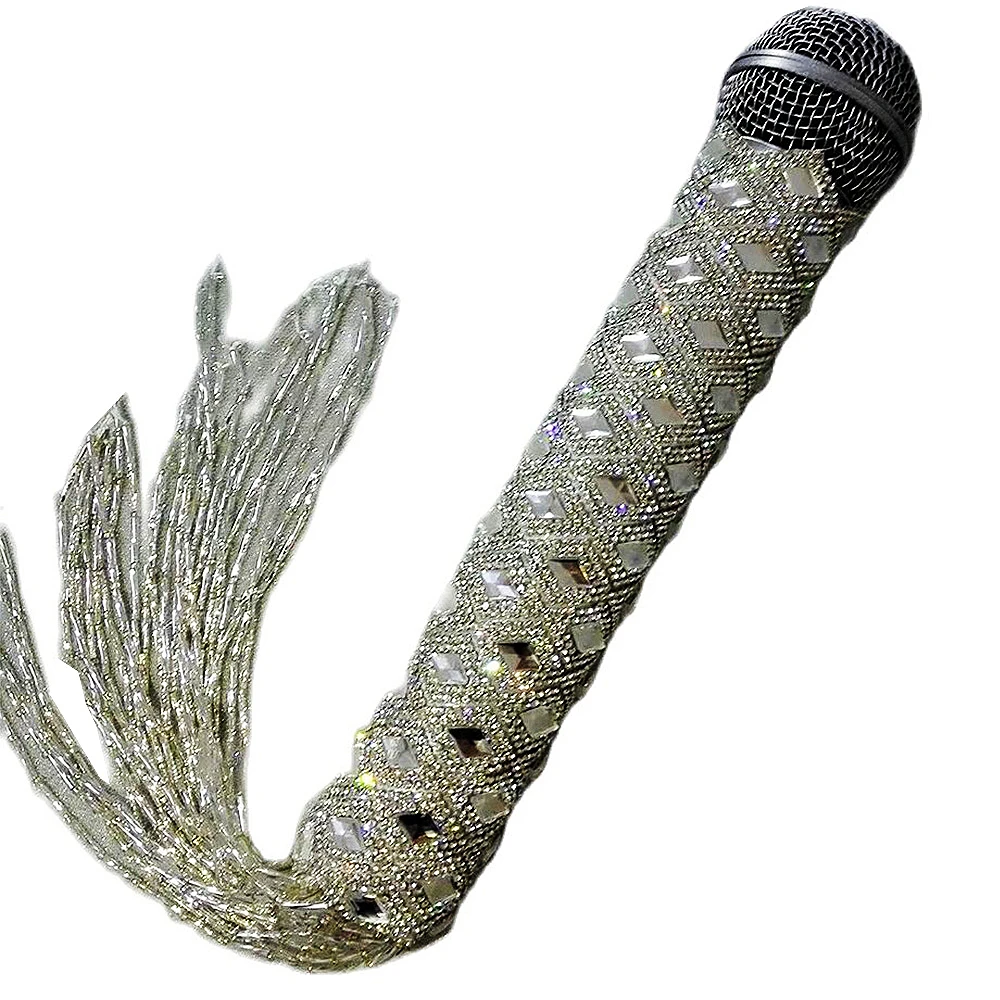 Rhinestone Microphone Case Glisten Shining Tassel Decoration Handheld Stage Performance Wear For Singer Silver Accessories