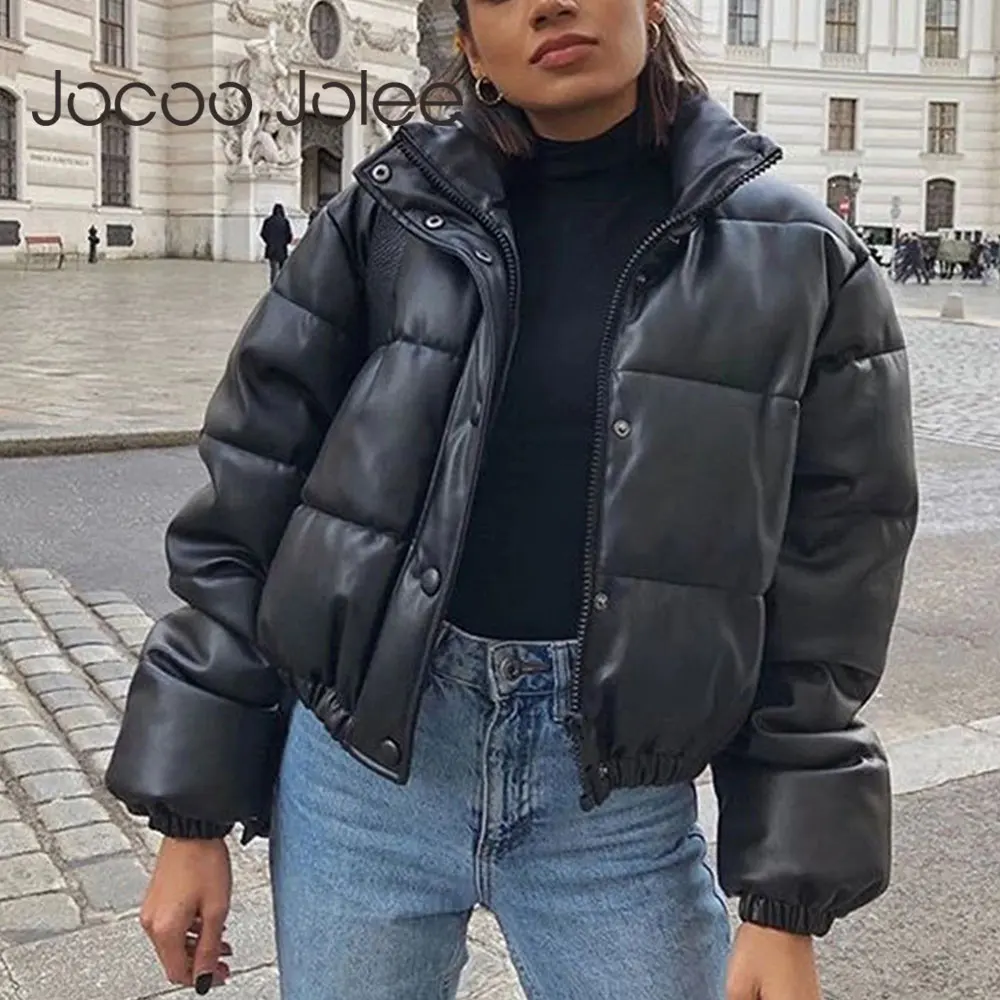 Winter Thick Warm Cropped Puffer Jacket Women Black PU Leather Parkas Elegant Zipper Coat Cotton Padded Punk Outwear 2021