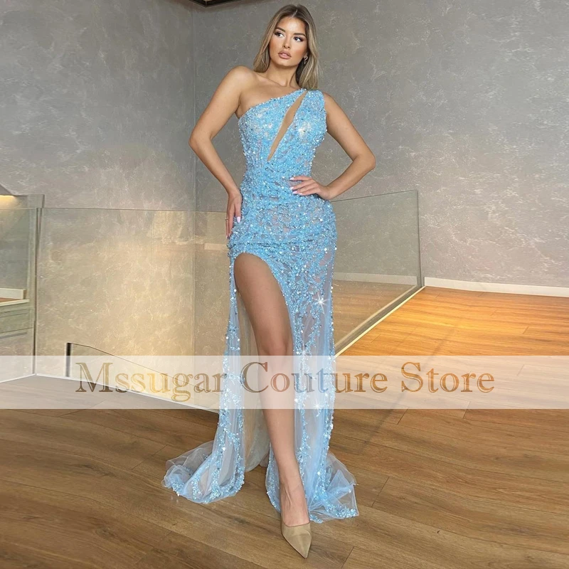 

2021 Light Blue Mermaid Prom Dresses High Split One Shoulder Evening Party Gowns for Women Robe De bal De forme sirène