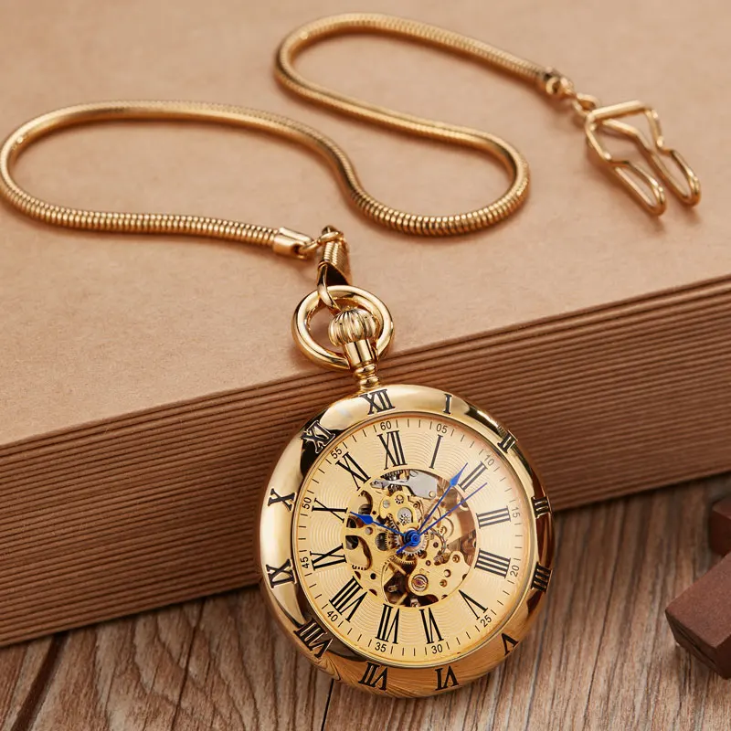 Antique Clock Pocket Watch FOB Mechanical Vintage Golden Gold Copper Men Women Engraved Fob Chain Automatic Retro Pocket Watches