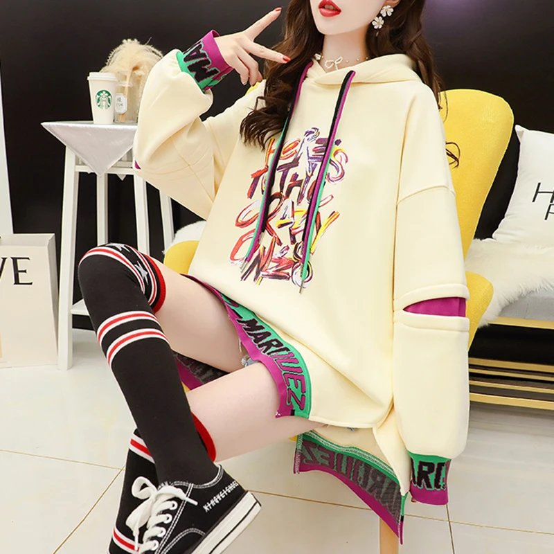 YBYR Fashion Hoodies Women Harajuku Loose Patchwork Letter Print Sweatshirts Autumn Winter Casual Long Pullovers Warm Streetwear