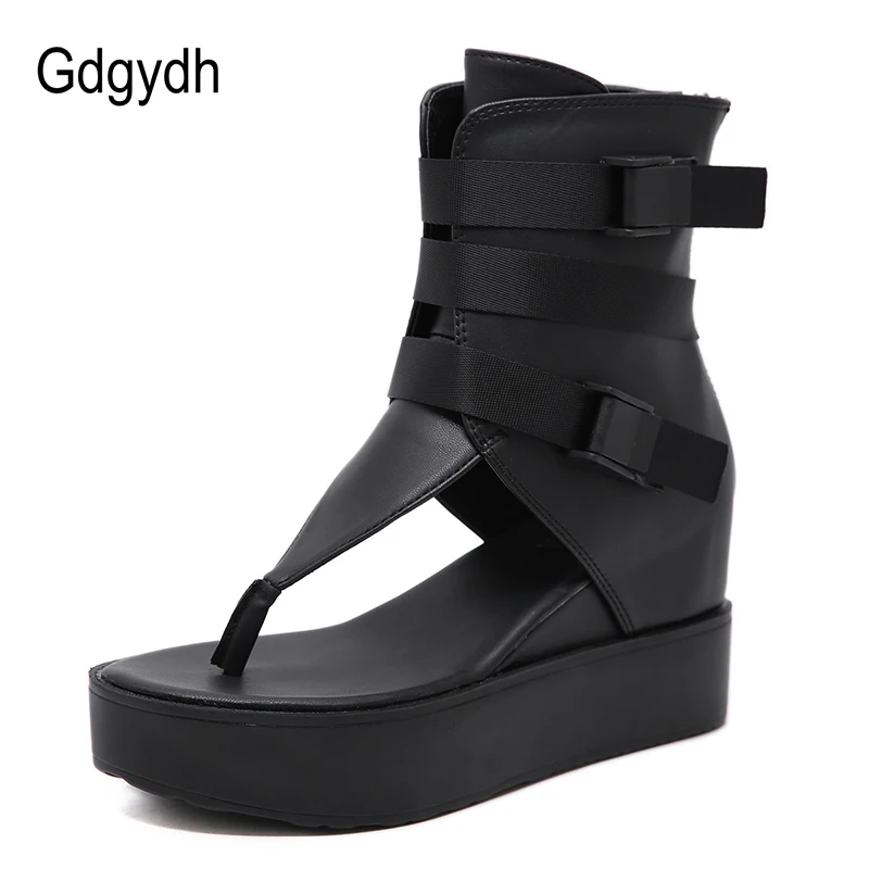 Gdgydh Platform Flip Flops Women Beach Sandals Ankle Strap Wedges Shoes For Summer Black Leather Vintage European American Zip