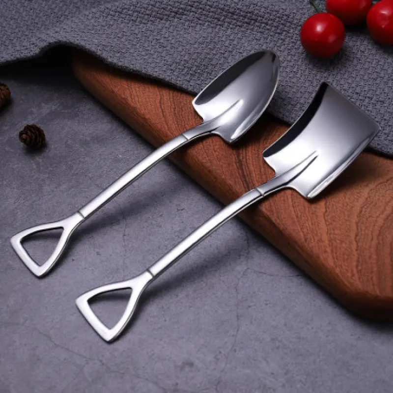 2PCS/set Stainless Steel Iron Shovel Spoon Coffee Ice Cream Spoon Engineering Shovel Retro Cute Square Head Spoon Kitchen Gadget