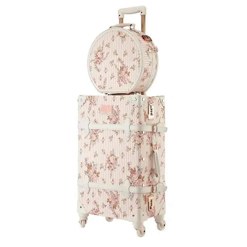 Meisje 2 Stks/set Vintage Bloemen Pu Reistas Bagage Sets, 13 "20" 22 "24" 26 "Inch Vrouwen Retro Trolley Koffer Carry Op Wiel