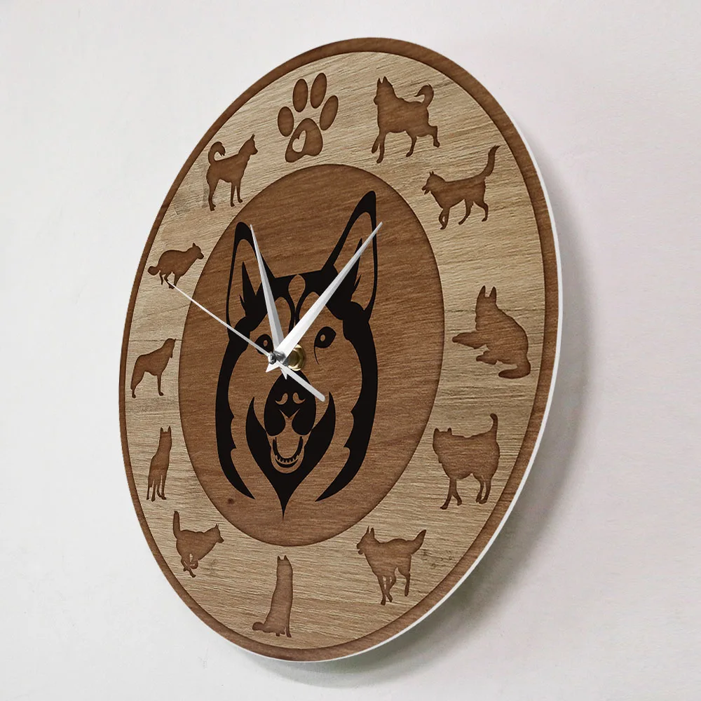 Siberian Husky Dog Wood Texture Acrylic Printed Wall Clock Husky Portrait Silent Wall Watch Puppy Dog Hanging Clock Timepieces