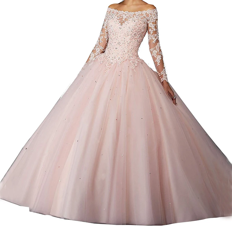 Scollo a barchetta Appliques di pizzo ragazze rosa principessa dolce 16 abiti Quinceanera manica lunga paillettes abito da ballo abiti da ballo