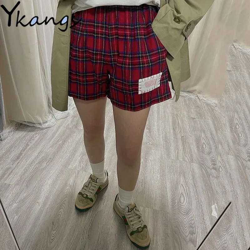 Appliques Plaid Gothic Loose High Waisted Fashion Short Women Baggy Running with Pocket Summer Wide Leg Loose Y2k Shorts Female