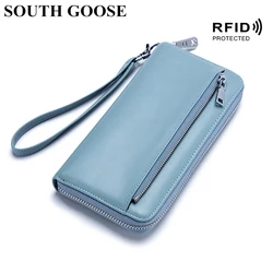 Genuine Leather Wallet RFID Blocking Unisex Business Clutch Wallet Large Capacity Organizer Purse Phone Passport Pouch Wrist Bag