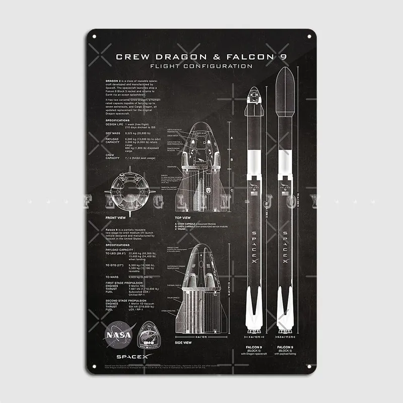 Spacex Crew Dragon Spacecraft And Falcon 9 Rocket Blueprint Metal Sign Garage Decoration Vintage Club Bar Tin Sign Posters