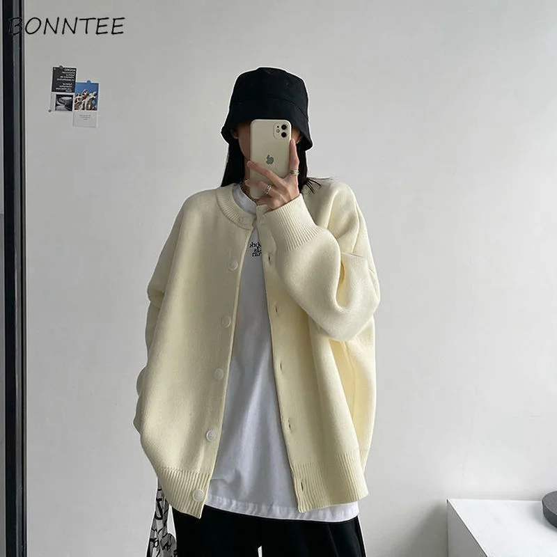 

Cardigan Women O-neck Long-sleeve Loose Solid Button Harajuku Zip-up Autumn Thicker Retro Knitting Streetwear Trendy Simple Soft