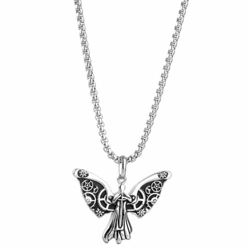 Fashion Personality Punk Angel Gear Pattern Wing Pendant Necklace for Men Trend Rock Hip Hop Jewelry